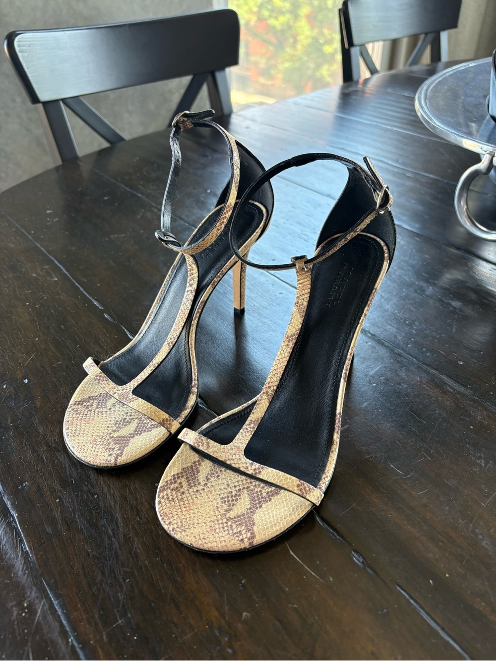 Isabel Marant Snake-Print T-Strap Stiletto Sandals - Beige